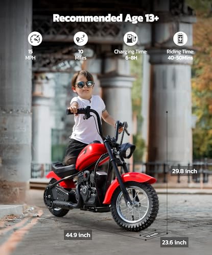 ELEMARA Electric Dirt Bike, 15 mph & 150lb Max, 24V Ride on Toy for Big Kids w/LED Lights & Power Display, Chain-Driven Motor, Twist-Grip Throttle, Shock Springs, Handbrake, 12" Air-Filled Tires-Black