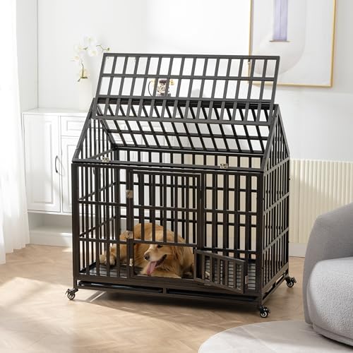 Heavy Duty Dog Crate Dog Cage, Indestructible Metal Dog Kennel Lockable for Medium Large Dogs with Sturdy Door Lock and Removable Trays, Roof Top Access, 47 Inch