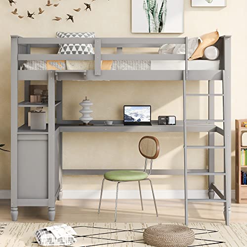 Merax Loft Bed Twin Size with Desk, Wood Frame with Shelves & Drawers, Inclined Ladder Design, White