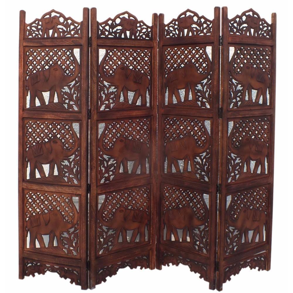 Benzara Carved Screen Elephant Wood Room Divider