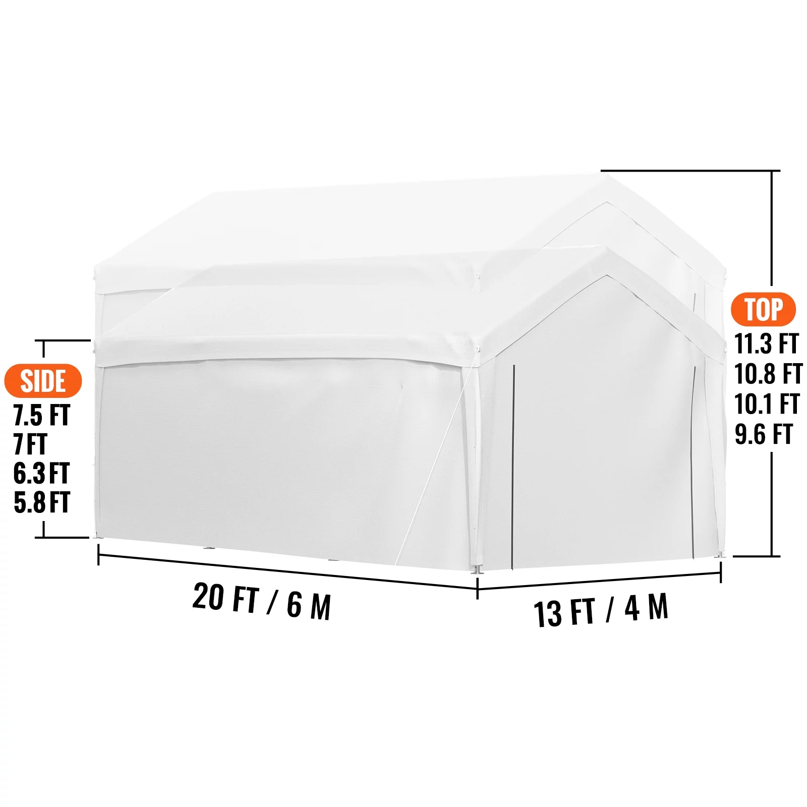 VEVOR Carport Car Canopy 13 x 20 ft, Heavy Duty Garage Shelter with 8 Legs and Removable Sidewalls, Car Garage Tent for Party, Birthday, Boat, Adjustable Peak Height from 9.6 ft to 11.3 ft, White