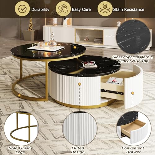 Modern Round Nesting Coffee Table Fluted with Drawer in White & Gold in 31.5''