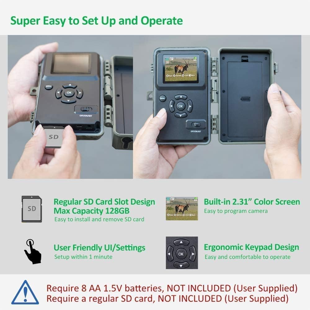 GardePro A3 Trail Camera 24MP 1080P, H.264 HD Video, Clear 100ft No Glow Infrared Night Vision, 0.1s Trigger Speed, 82ft Motion Detection, Waterproof Cam for Wildlife Deer Game Trail Pack of 2
