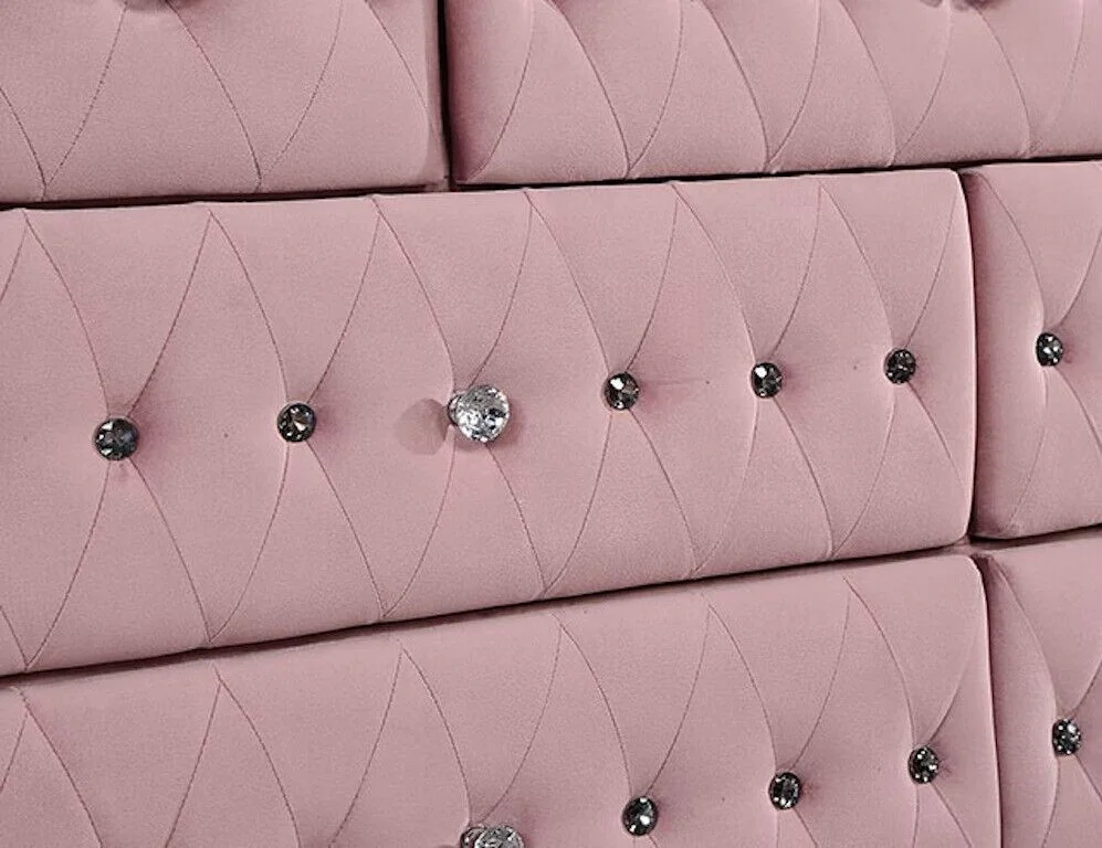 Glam Pink Upholstered Tufted Velvet Like Fabric 4pc Twin Size Bed Set Dresser Mirror Nightstand Bedroom Furniture