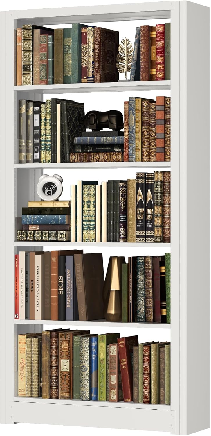 Metal Modern Bookshelf, 69”Tall Bookcase, 5-Tier Book Shelf with Adjustable Shelves, Heavy Duty Bookshelves, Modular Bookshelf for Library Shelves, Living Room, Office, Home, and Garage (White)
