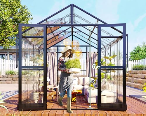 8x10x7.5 FT Greenhouse - Outdoor Aluminum Polycarbonate Greenhouse with Ventilation and Rain Gutter, Double Doors with Hook, Walk in Greenhouse for Outdoors, Backyard, Garden (Black)