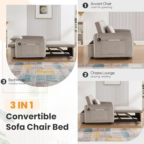Convertible Chair Bed with USB Ports, 3 in 1 Modern Velvet Pull Out Sofa Bed Chair, Single Sleeper Chair with Pillow for Living Room, Small Spaces, Apartment, Office, Black