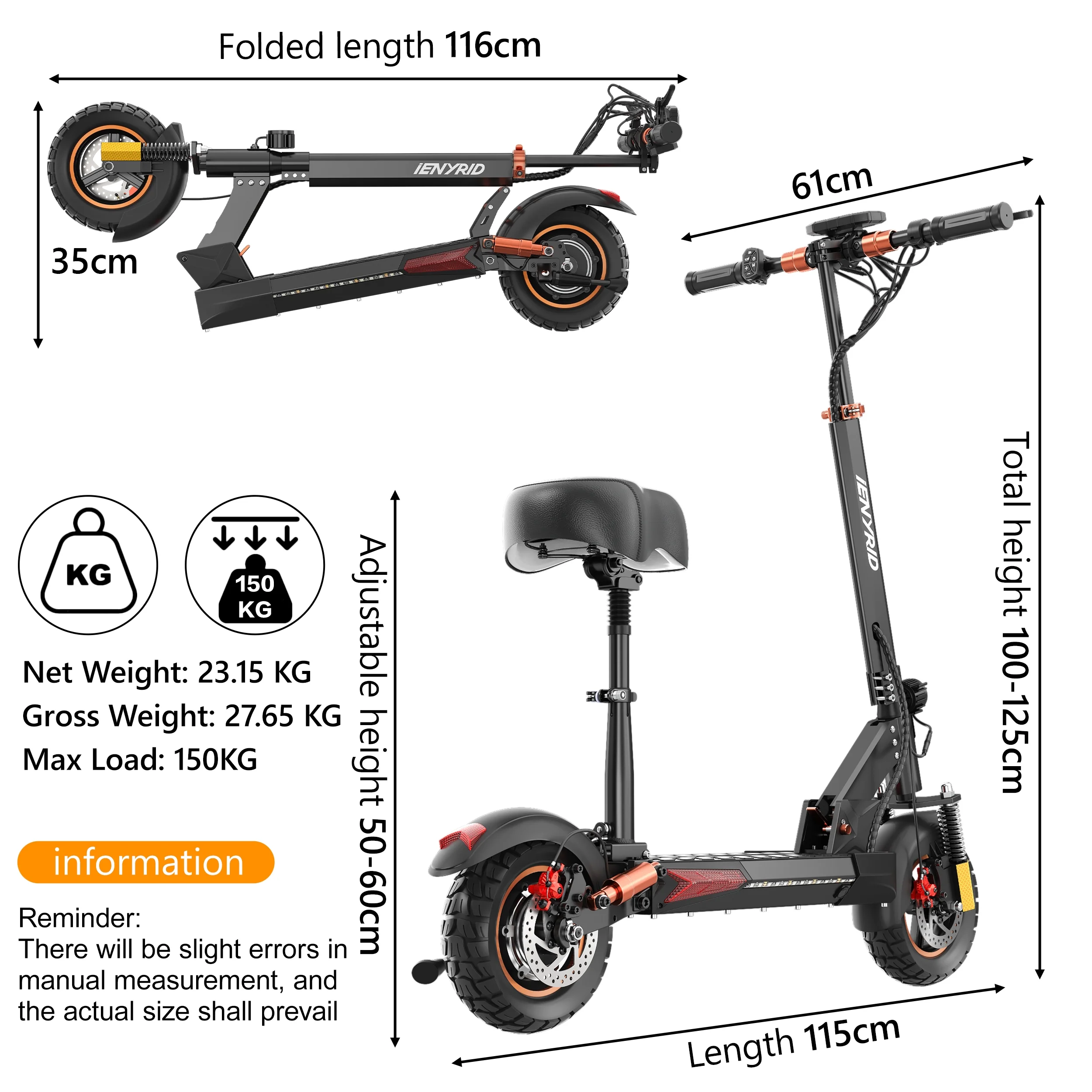 iENYRID 800W Electric Scooter for Adults Teenagers with Removable Seat, 10" Off-road Pneumatic Tires, 3 Speeds 28 MPH Max, Coded Lock Folding Electric Scooter 330lbs Weight Limit Black