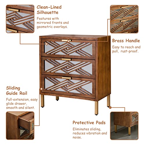 LONYKE Accent Dresser, 3-Drawer Wooden Cabinet with Mirror Fronts, Modern Farmhouse Accent Chest Clean-Lined Silhouette