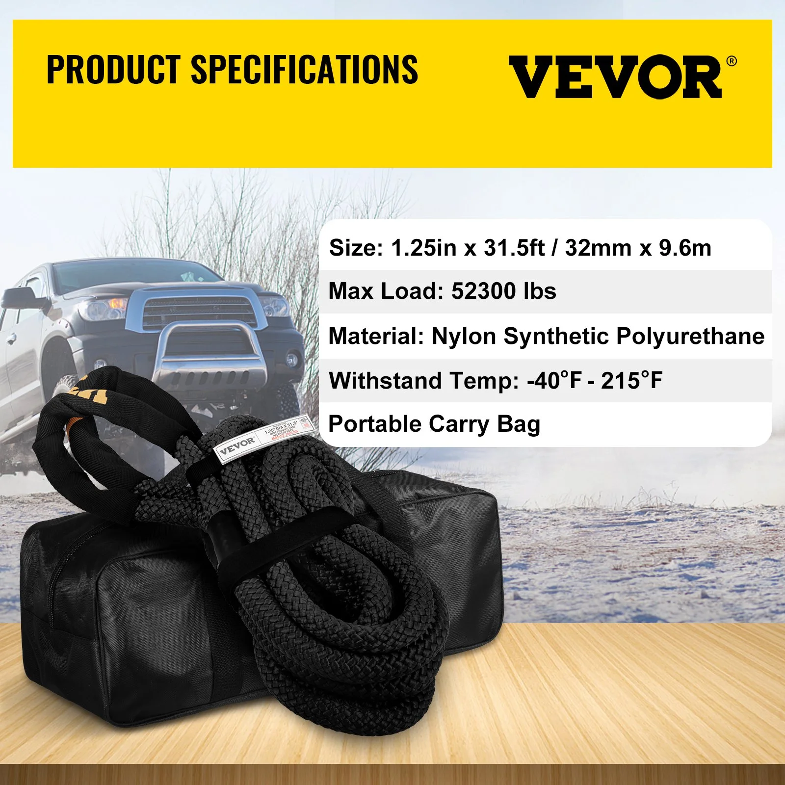 Vevor  1.25 in. x 31.5 ft. Kinetic Recovery & Tow Rope, Black - 52,300 lbs