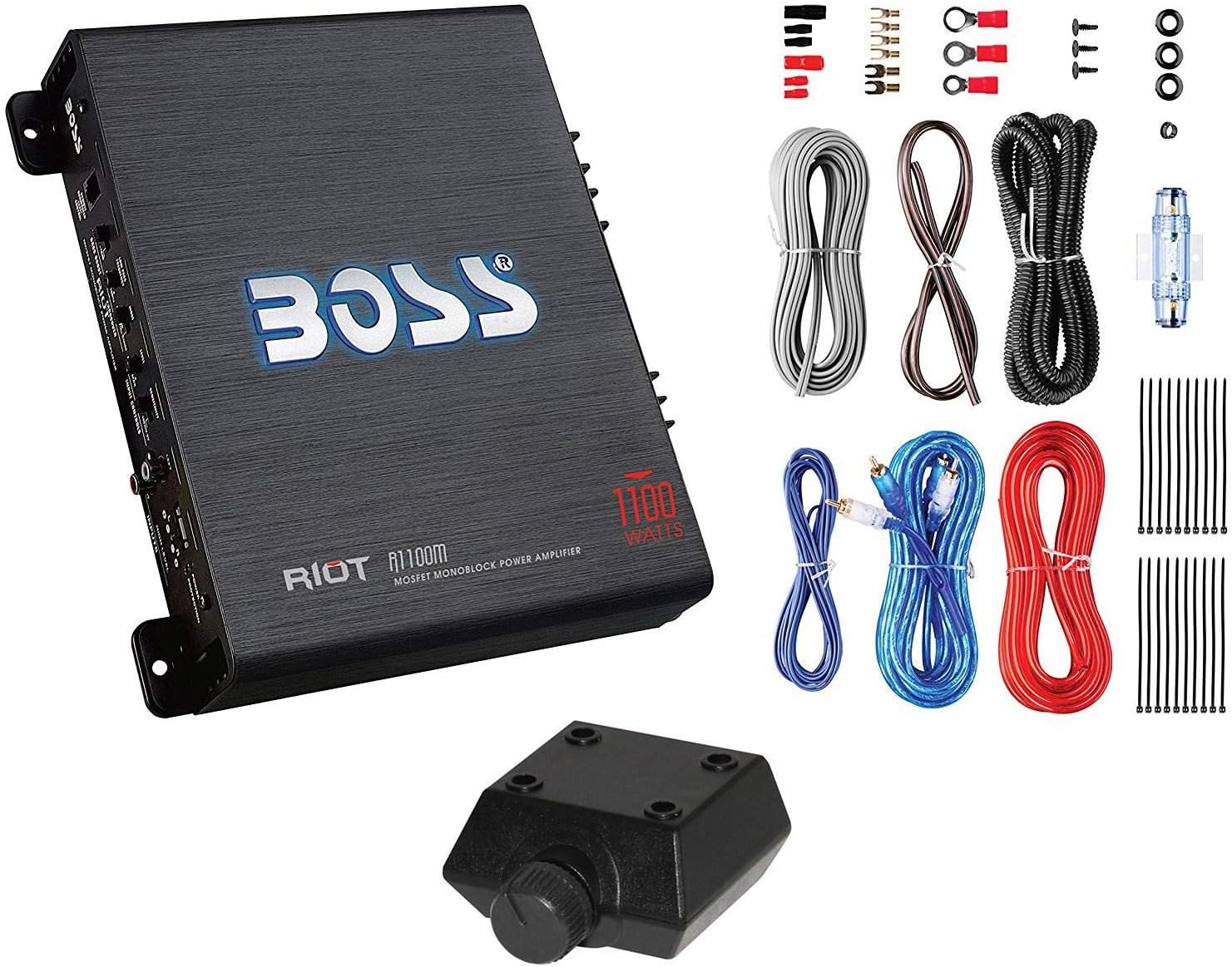 MTX 12 Inch 1200 Watt 4 Ohm Dual Loaded Car Audio Subwoofer Package with Sub Enclosure, Boss 1100W Mono A/B Amplifier, Wiring Kit and Capacitor