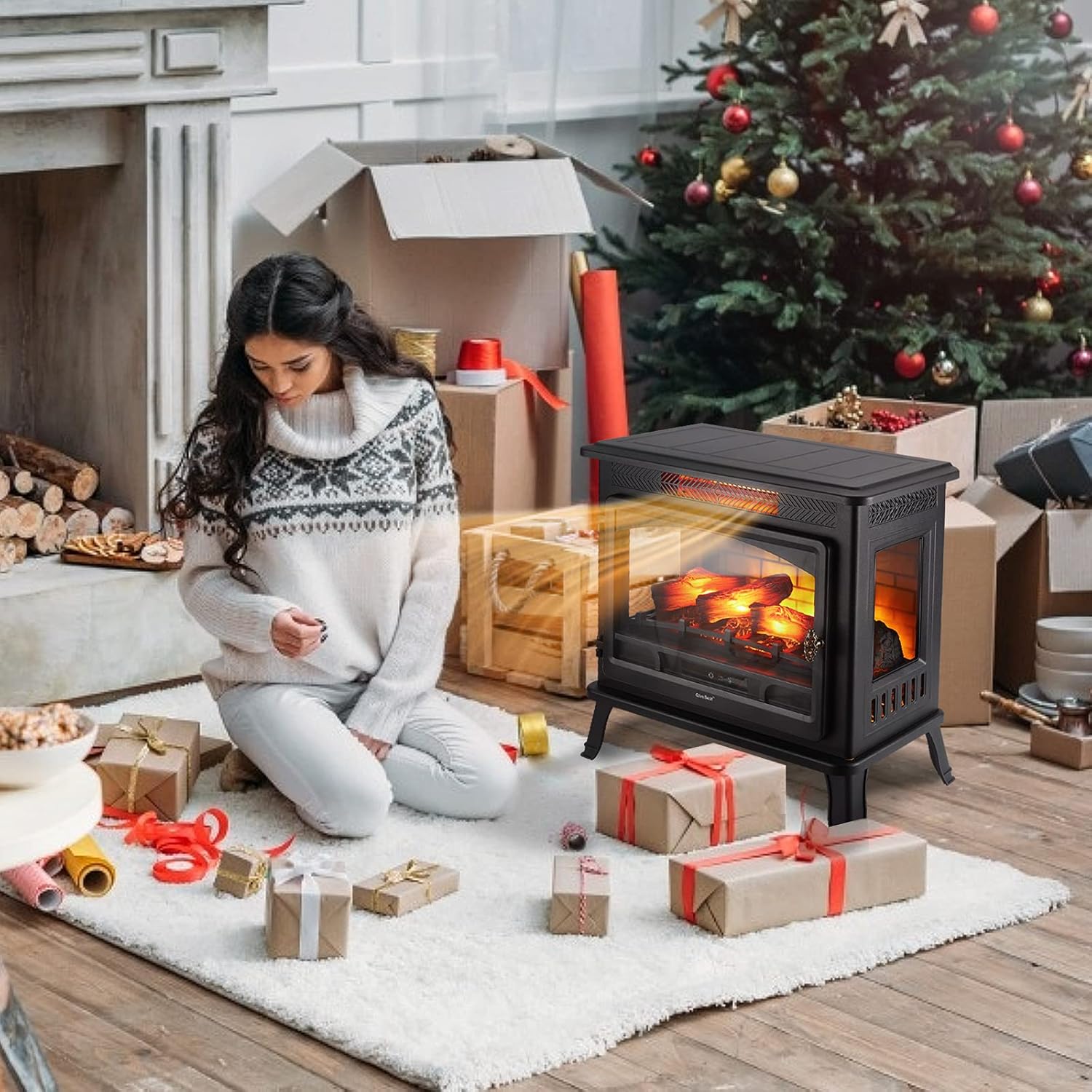 Electric Fireplace Infrared Heater, 24" Freestanding Portable Stove Heater with 3D Realistic Flame, Overheating Safety Protection with Remote Control and Timer, 1500W