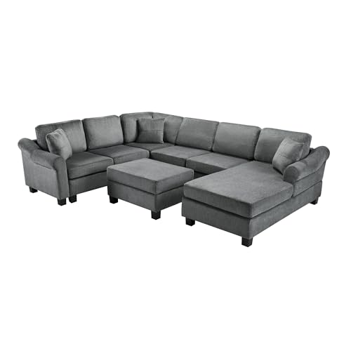 Oversized U-Shaped Sectional Sofa Couch Plush Corduroy Upholstered Modular Deep Seat Sofa&Couch Sectional W/Right Facing Chaise Lounge and 7 Toss Pillows for Home Apartment Living Room Furniture Sets