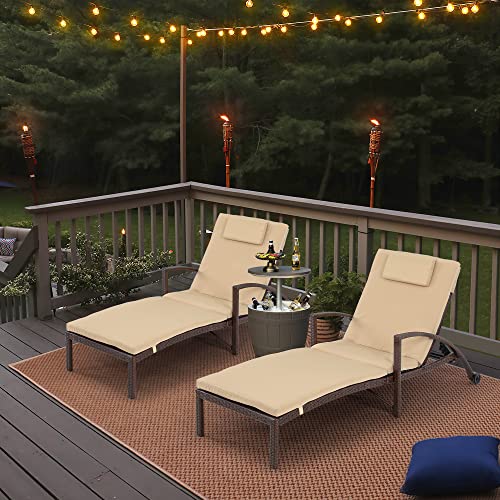 YITAHOME Outdoor Chaise Lounge Chair, PE Rattan Wicker Patio Pool Loungers with 5-Position Adjustable Backrest, Armrests, Cushion, Pillow, and Wheels for Poolside Porch Garden Beach (Brown)