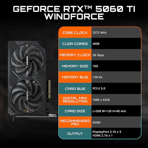 GIGABYTE GeForce RTX 5060 Ti Gaming OC 16G Graphics Card, 16GB 128-bit GDDR7, PCIe 5.0, WINDFORCE Cooling System, GV-N506TGAMING OC-16GD Video Card