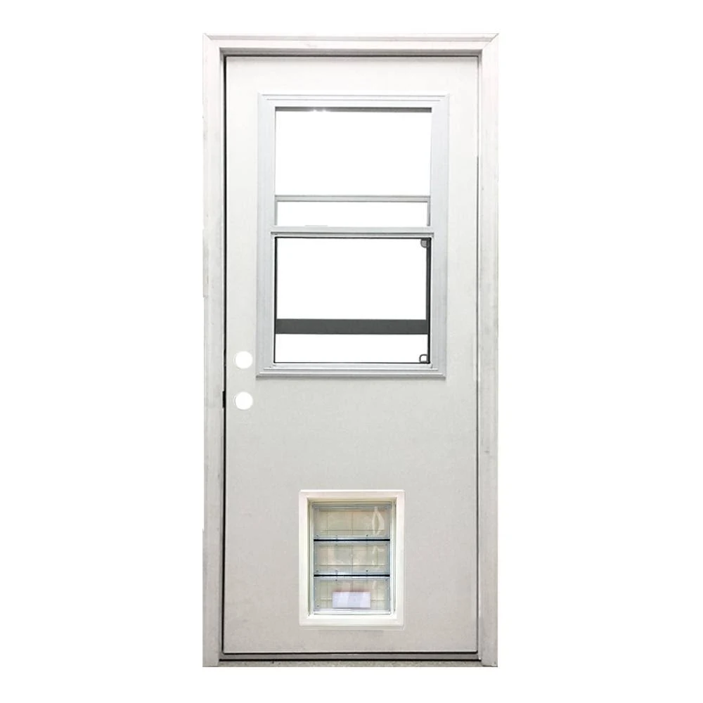 Steves u0026 Sons 36 in. x 80 in. Classic Clear Vented Half Lite RHIS White Primed Fiberglass Prehung Back Door with XL Pet Door