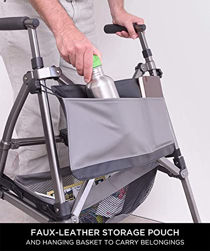 Elite Travel Walker Short, Junior Lightweight Folding Rolling Walker with Swivel Wheels for Adults, Seniors, and Elderly, Petite Walker, Height Adjustable with Ski Glides and Pouch