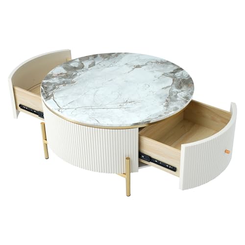 Modern Round Lift-top Nesting Coffee Tables with 2 Drawers for Living Room White & Natural