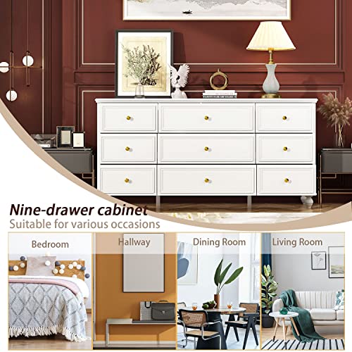 FAMAPY Chest of Drawers White Dresser 9 Drawer Dresser Modern Chest Dresser with Gold Metal Handles & Wooden Legs, Large Contemporary Dresser for Bedroom (63”W x 15.7”D x 31.5”H)
