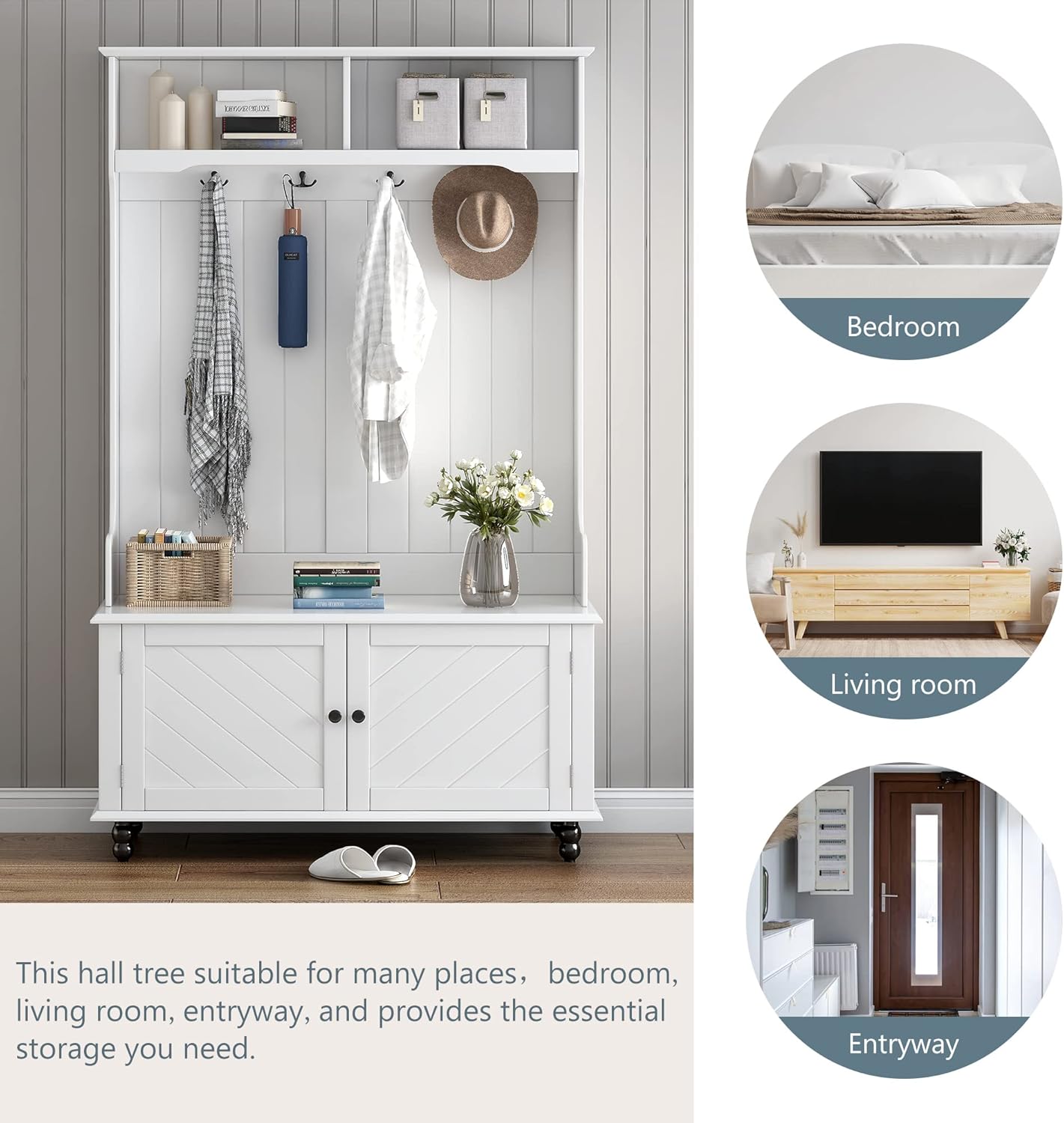 Modern 40" 3-in-1 Design Hall Tree with 4 Hooks, Coat Hanger, Entryway Storage Bench, for Entrance, Hallway, White, OneSize