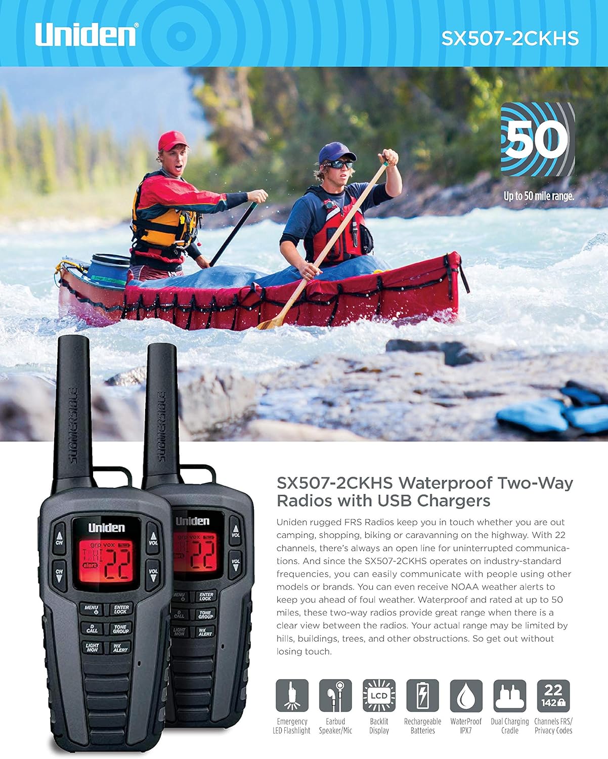 Uniden SX507-2CKHS Up to 50 Mile Range Two-Way Radio Walkie Talkies W/Dual Charging Cradle, Waterproof, Floats, 22 Channels, 142 Privacy Codes, NOAA Weather Scan + Alert, Includes 2 Headsets
