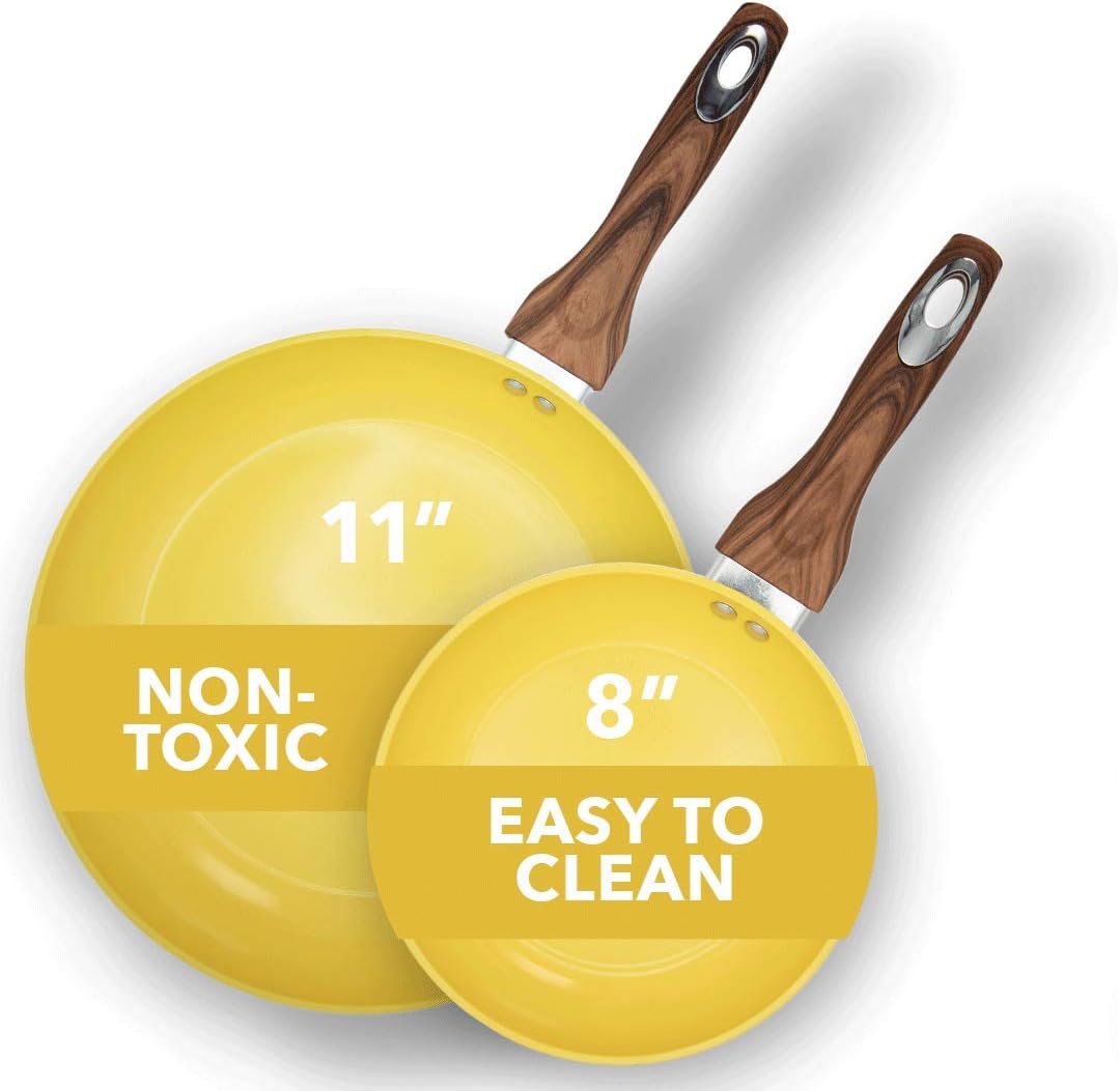 Phantom Chef 8” & 11 Frying Pan Set | Pure Aluminum Nonstick Frying Pan Set With Easy Clean Ceramic Coating | Soft Touch Stay Cool Handle | PTFE PFOA Lead and Cadmium Free Fry Pan | 2 Piece | Yellow
