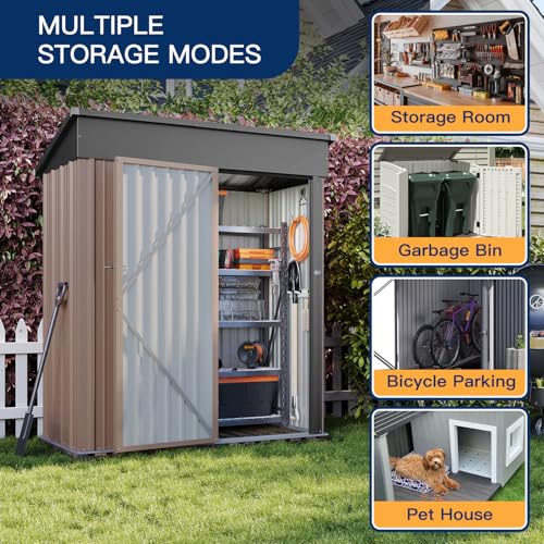 Aoxun 6x3.9 FT Shed with Base Metal Outdoor Storage Shed Garden Shed with Lockable Doors Tool Shed Bike Shed for Backyard, Patio, Poolside (Brown)