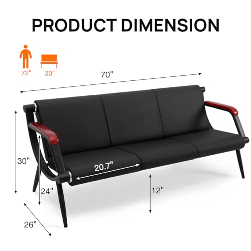 Waiting Room Bench with Wooden Armrest, PU Leather Office Furniture, Lobby Conference Reception Bench, Office Guest Seating for Clinic,Airport,Hospital,Barber,Salon,Bank(Black, 2)