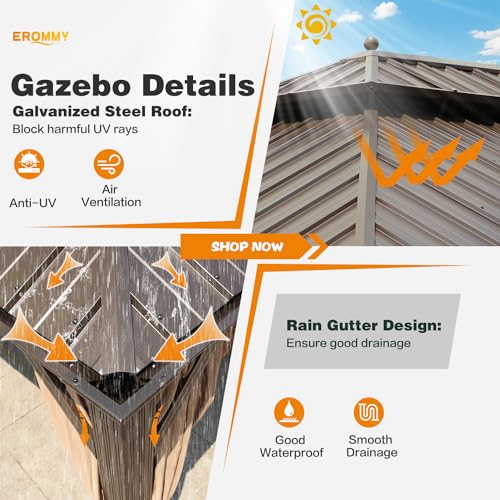 EROMMY 14'x20' Hardtop Gazebo Double Roof Galvanized Steel Canopy Outdoor Aluminum Frame Permanent Metal Pavilion with Netting and Curtains for Patio Backyard Deck and Lawns