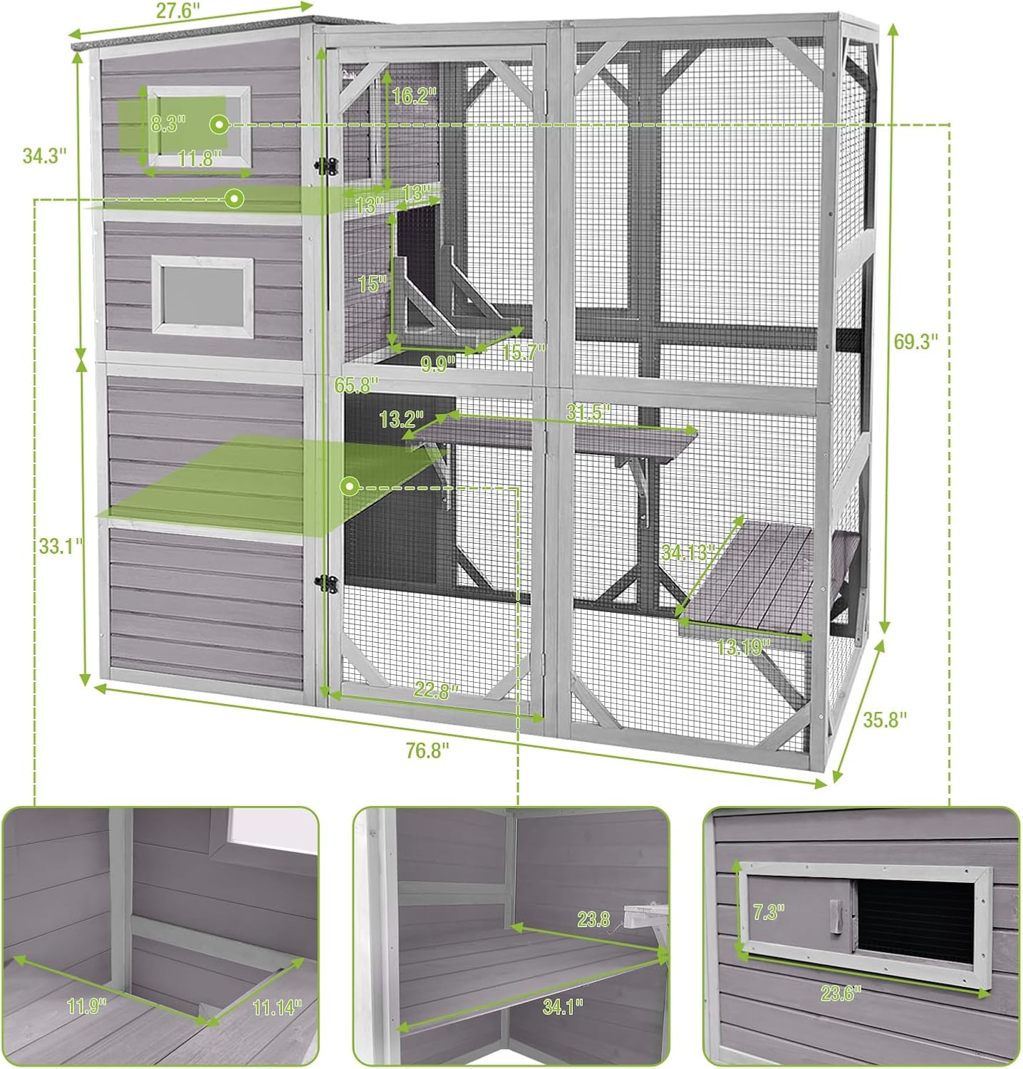 Large Cat Catio Kitty House wih 4 Tiers Cat House for Outdoor Cats Waterproof roof Cat Enclosures,77 Inch