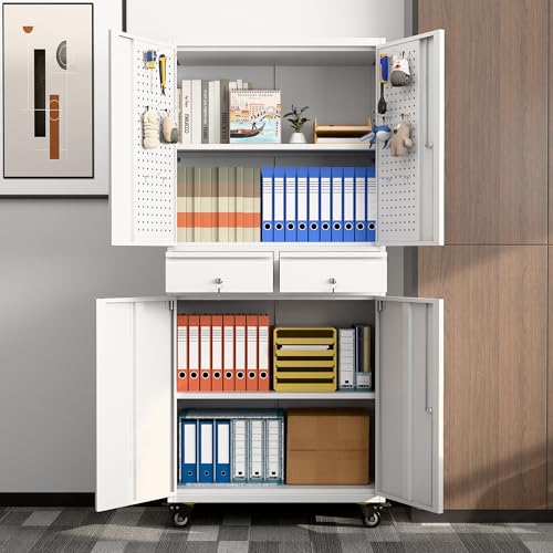 73" H Metal Storage Cabinet with Wheels, Garage Storage Cabinet with 4 Adjustable Shelves and Lockable Doors for Garage Home Office Utility Room,Required Assembly,Black