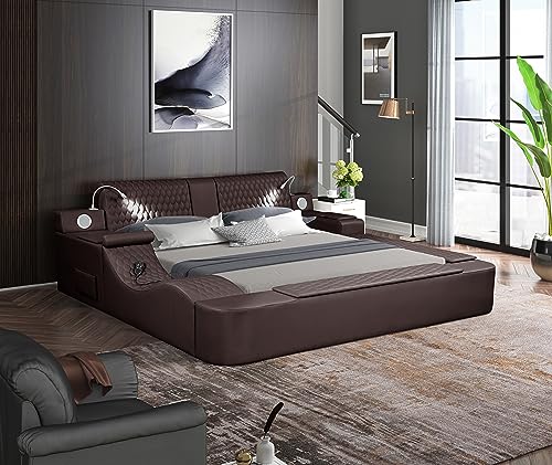 Queen Size Smart Bed, Multifunctional Leather Bed Frame with Massage Recliner/Upholstered Headboard/Music Speaker/USB Port/Storage Space, Modern Luxury Bed Frame(Gray)
