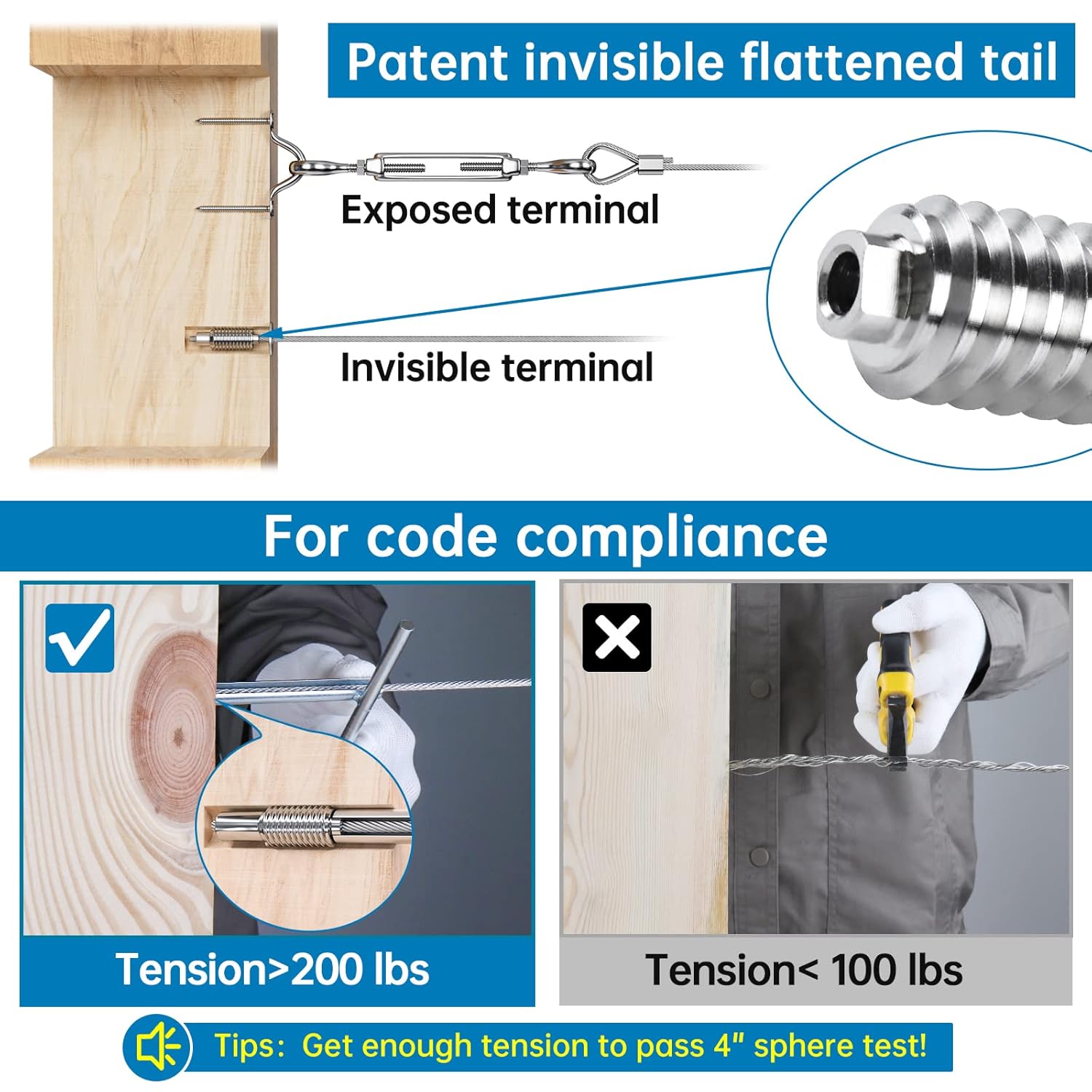Muzata 20Pack 1/8" Invisible Cable Railing Kit Swage Lag Screw Cable Genie Tensioner Hidden T316 Stainless Steel for 4x4 6x6 8x8 Wood Posts Deck Stairs 10 Cable Lines CR73, CV1 CG1 Pack of 2