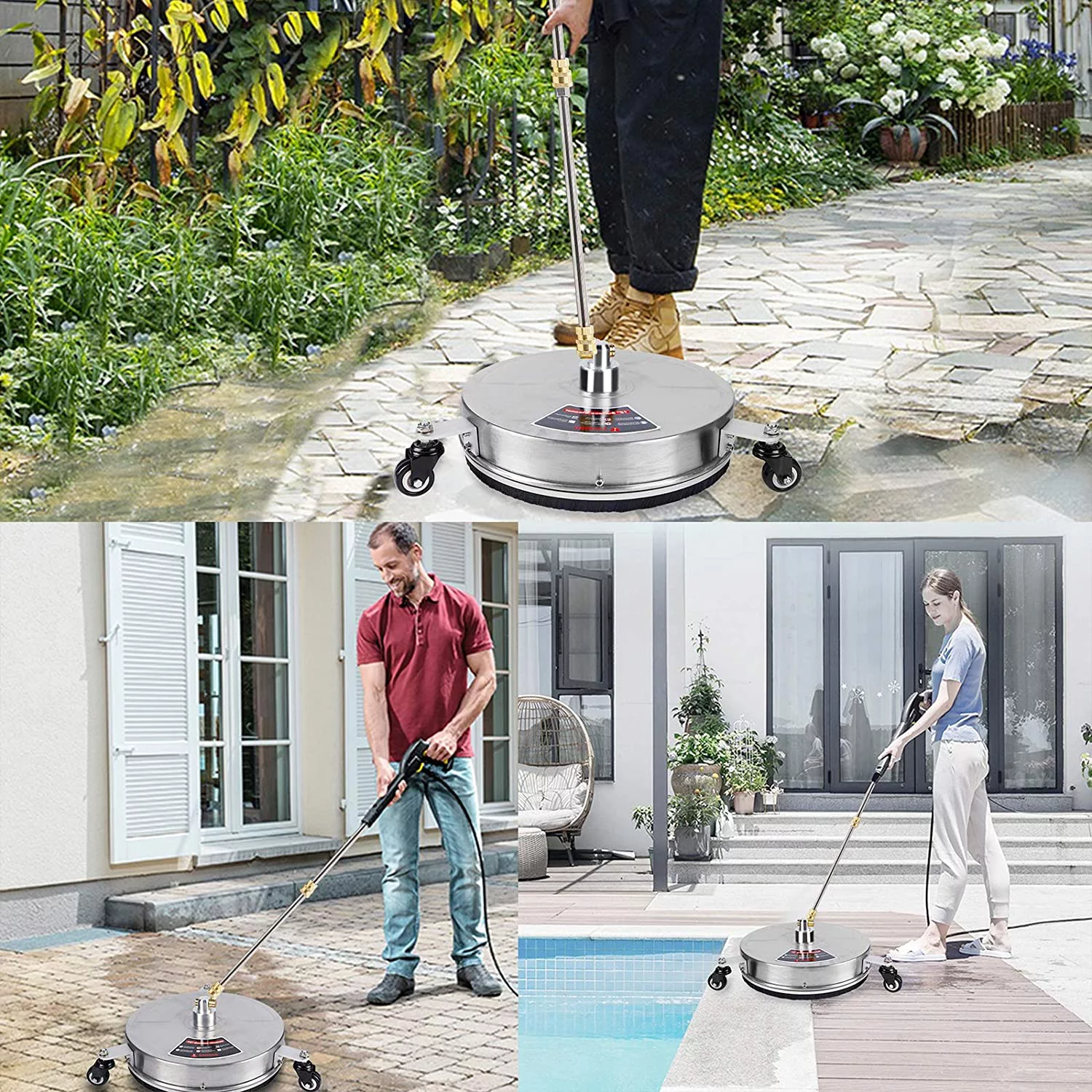 Twinkle Star 15" Pressure Washer Surface Cleaner with 3 Wheels, Stainless Steel Housing & 1/4" Quick Connector, Power Washer Attachment with 2 Extension Wand, 2 Replacement Nozzles, 4000 PSI