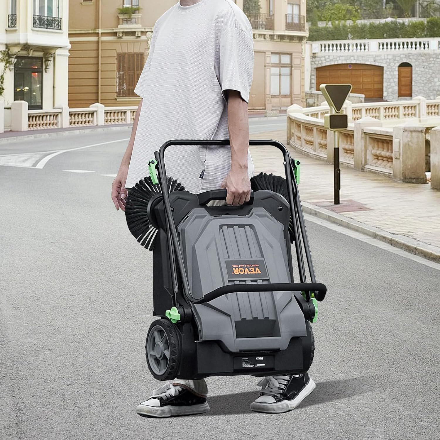 VEVOR Walk-Behind Hand Push Floor Sweeper, 25.6" Sweeping Width Floor Sweeper Manual Non-Electric, 5-Gallon Waste Container, Angle & Height Adjustable Folding Handle for Walkway, Yard, Garage, Patio