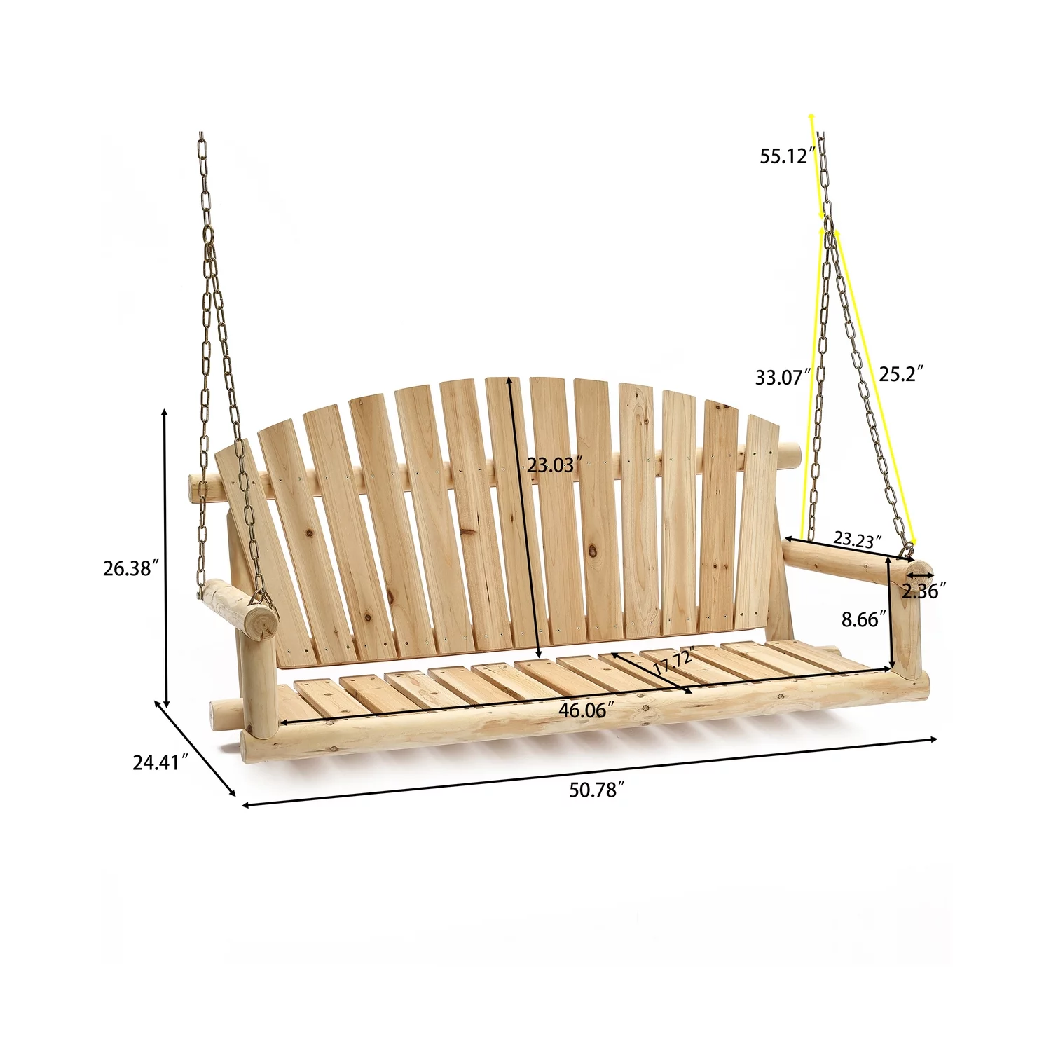 LuxenHome Natural Unfinished Wood Log Cabin Porch Swing with Chains
