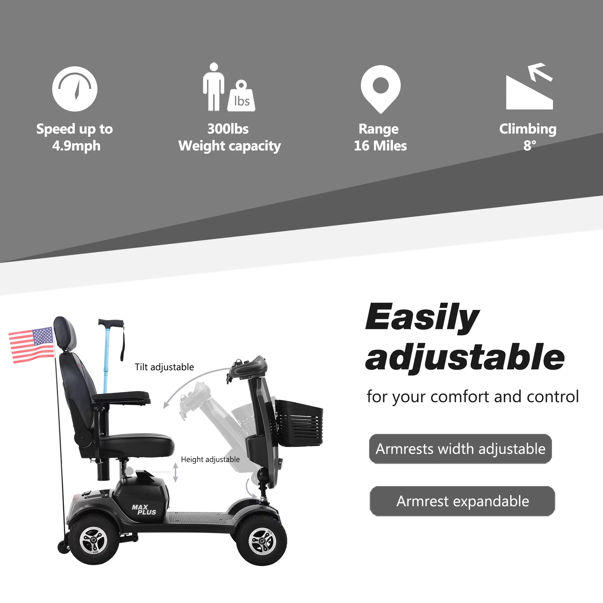 Metro Mobility Senior Scooter Folding Scooter 4 Wheel Scooter with USB Port Purple