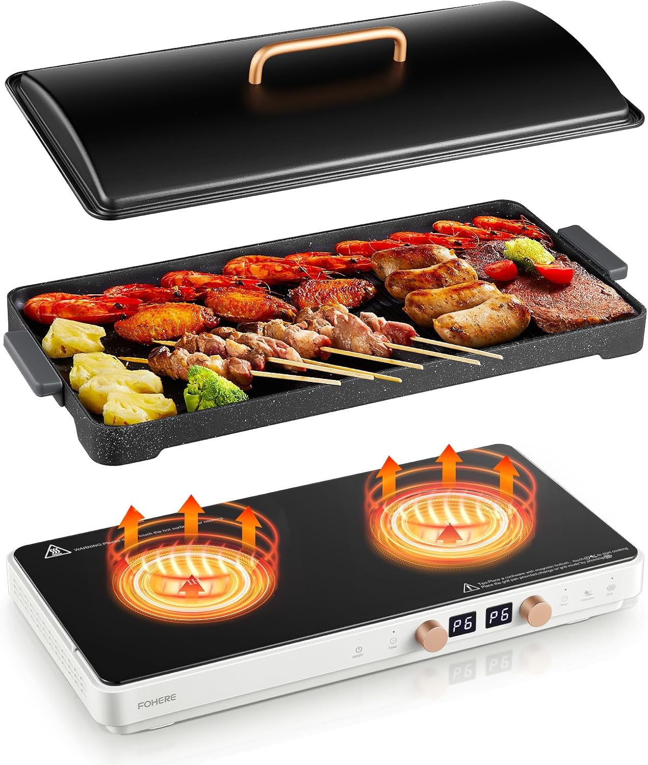 FOHERE Double Induction Cooktop with 2 Burners, 1800W Portable Cooktops with Removable Iron Cast Griddle Pan Non-stick, Independent Temperature Control, Sensor Touch, 8 Power Levels, 99 Min Timer