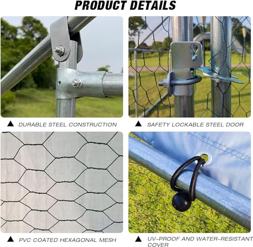 Large Metal Chicken Coop Walk-in Poultry Cage Chicken Run Pen Dog Kennel with Waterproof and Anti-Ultraviolet Cover for Outdoor Farm Use(9.8' L x 19.7' W x 6.4' H)