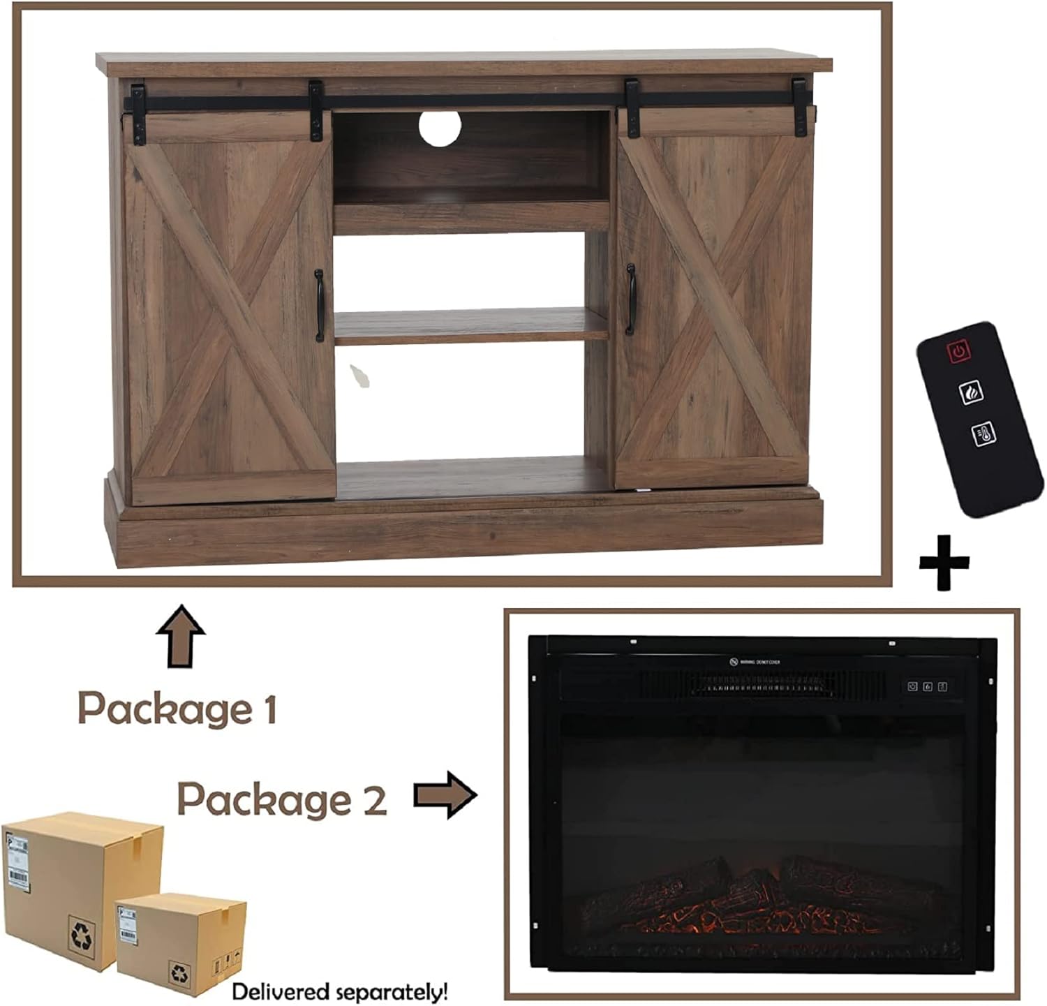 Sophia & William Farmhouse Electric Fireplace TV Stand for TV's Up to 65, Accent Decorative Barn Door Storage Cabinet Chest with 23 Insert Fireplace for Living Room Bedroom Home Office, Burlywood