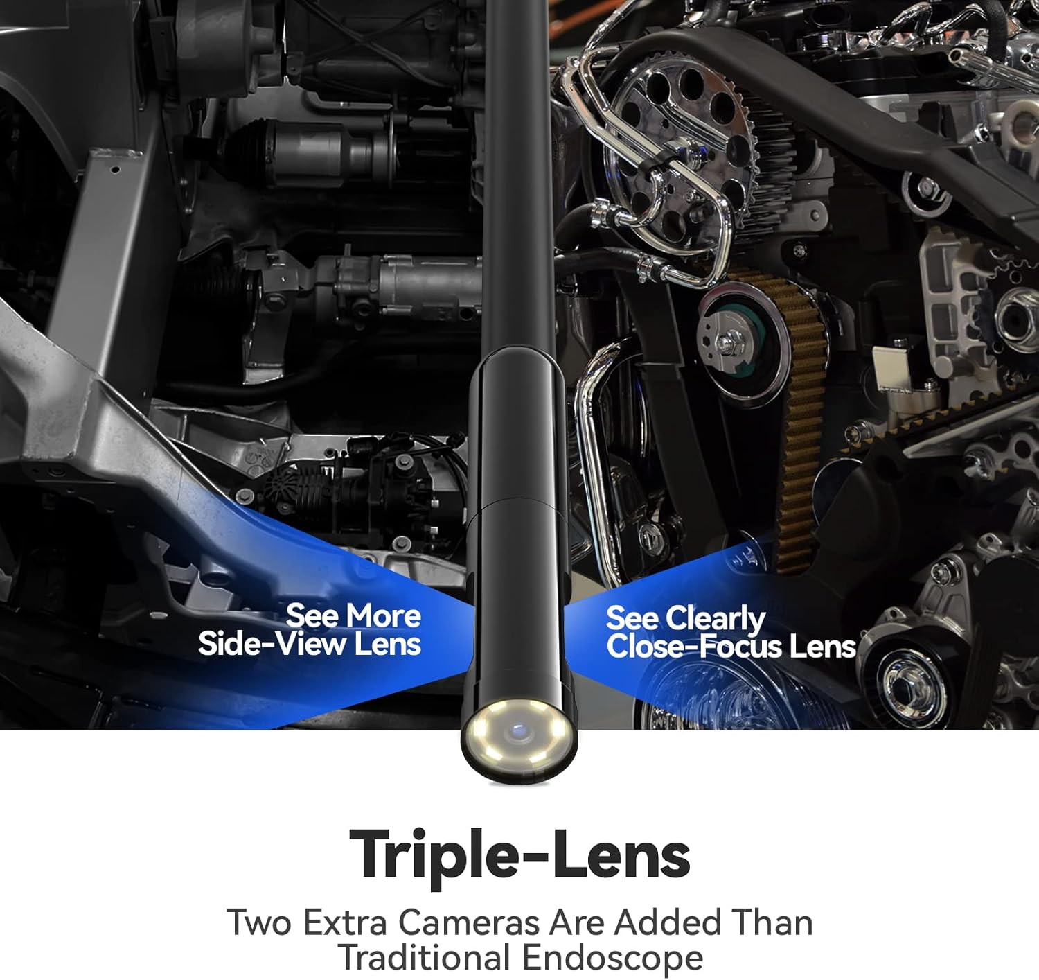 Triple Lens Endoscope Camera, Teslong 4.5 HD Snake Borescope Inspection Camera with Light, Flexible Automotive Scope Camera, Home Waterproof Fiber Optic Camera for Sewer Duct Drain Pipe (16.5ft)