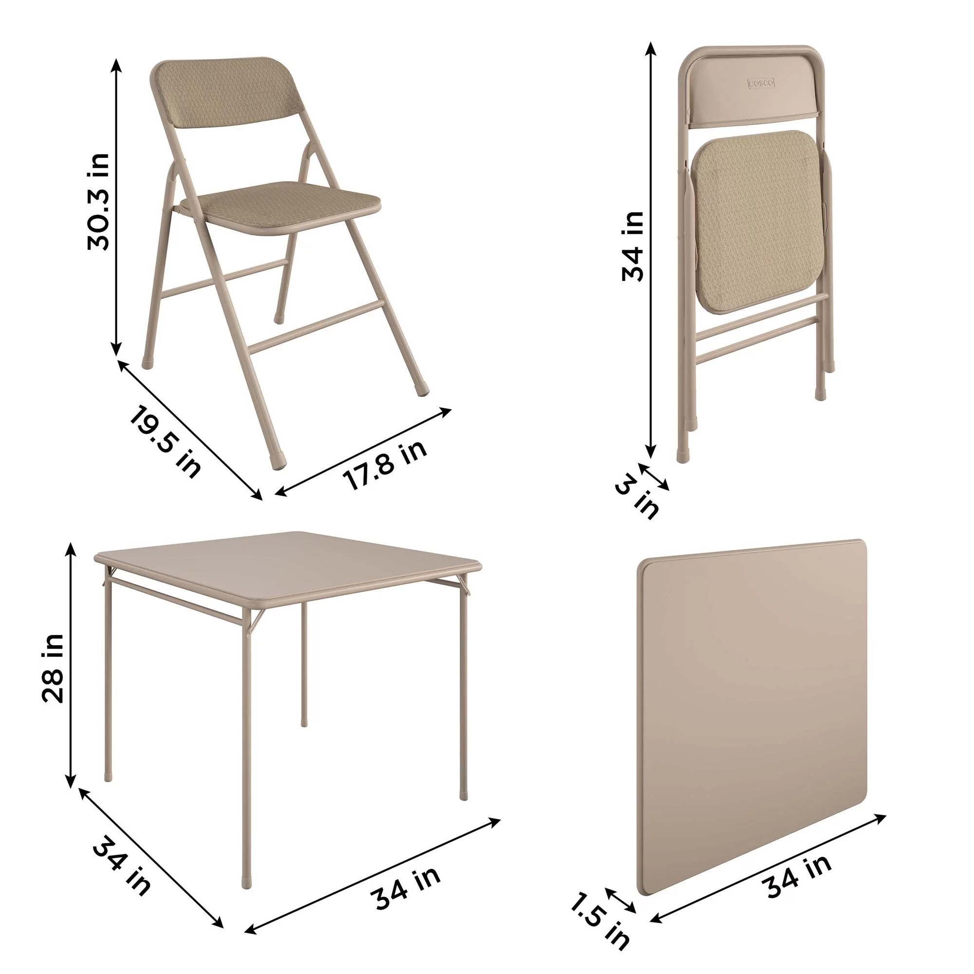 COSCO 5-Piece Folding Dining Set with Card Table and 4 Fabric Padded Chairs, Tan
