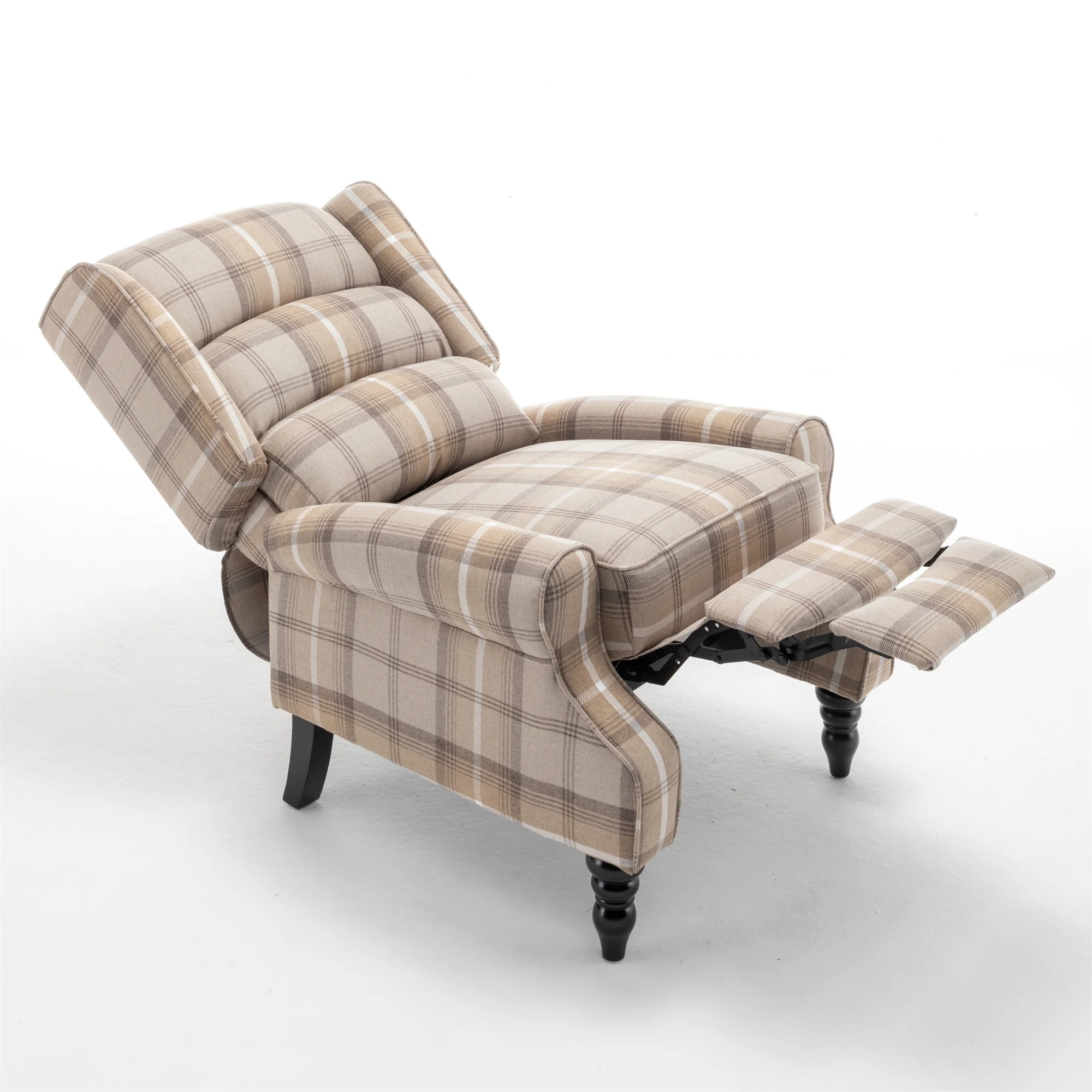 Upholstered Wingback Recliner Chair, Plaid Recliner Chair Armchair Adjustable Footrest Push Back Reclining Sofa, Mid Century Modern Lounge Armchair for Living Room, Bedroom, Reading -- Natural