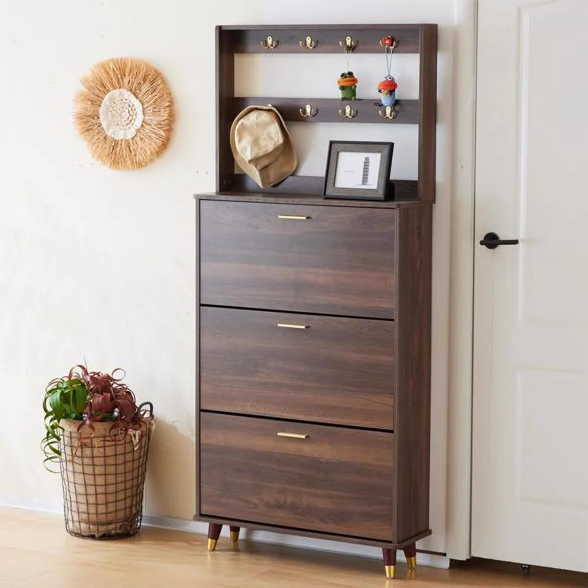 SYTHERS Hall Tree, Entryway Armoire Closet Coat Rack Freestanding with 12 Hooks & 3 Shoe Cabinets, Brown