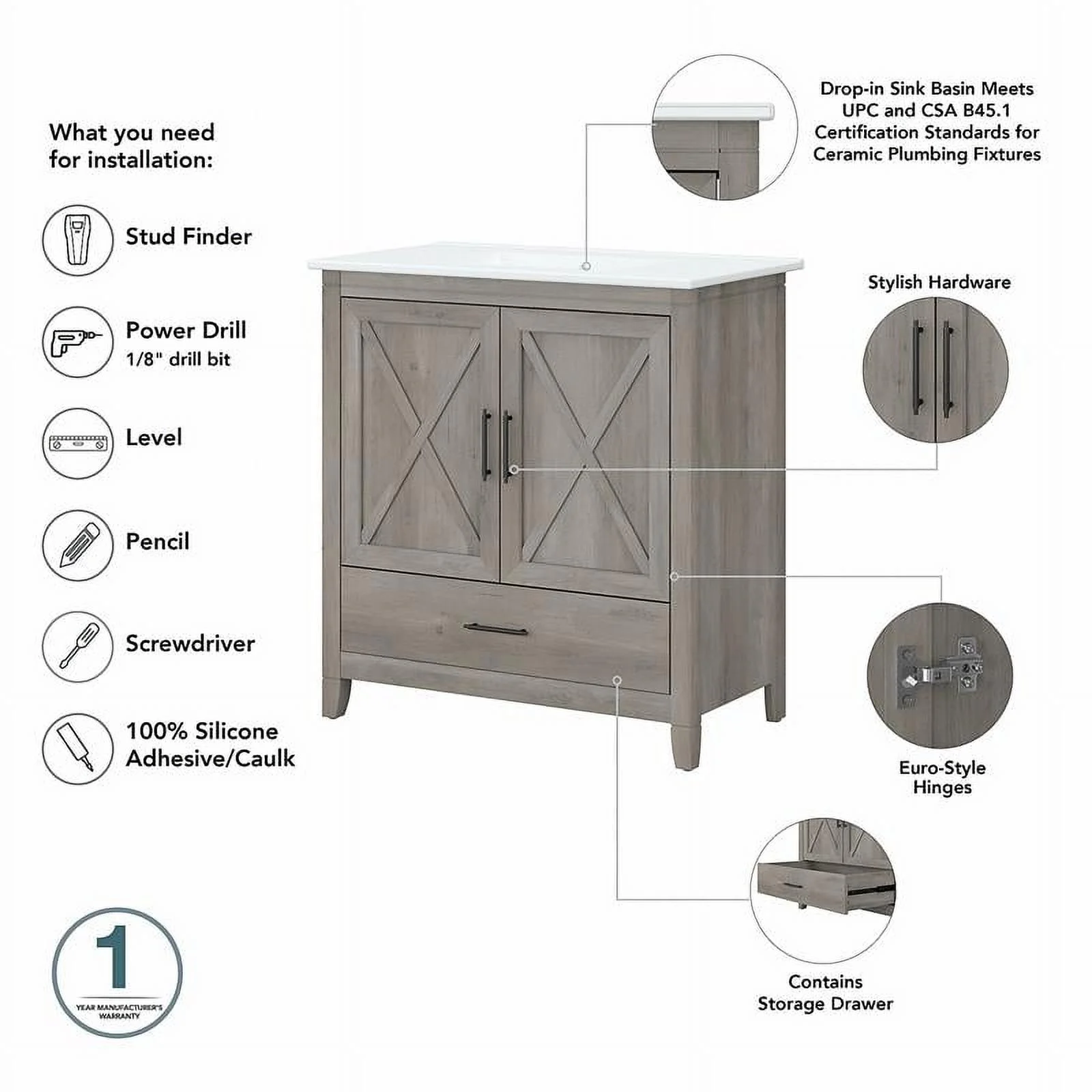 Bush Furniture Key West 32W Bathroom Vanity with Sink in Driftwood Gray
