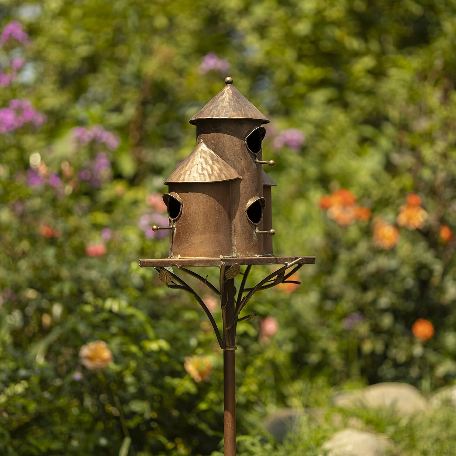 Zaer Ltd. Large Copper Colored Multi-Birdhouse Stakes, Room for 4 Bird Families in Each (Castle Home)