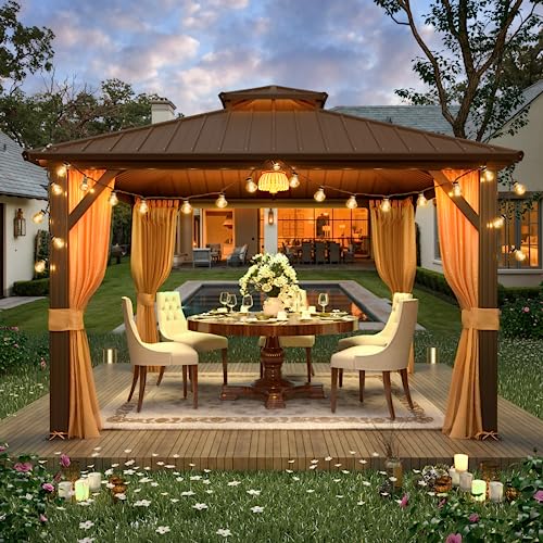 YOLENY 10' x 12' Hardtop Gazebo, Wood-Looking Gazebo with Galvanized Steel Double Roof, Aluminum Frame, Permanent Metal Pavilion with Netting and Curtains for Deck, Backyard, Patio and Lawns