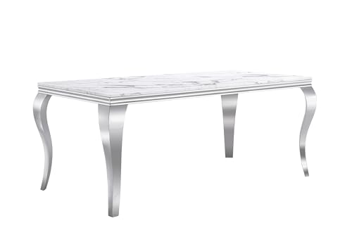White Marble Dining Table Set for 6, Modern Kitchen Dining Room Table Set for 6,Rectangle Faux Marble Dining Table and 6 Grey Velvet Tufted Upholstered Chairs,7 Piece Luxury Silver Dining Table Set