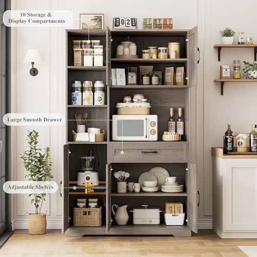 HOSTACK 71" Tall Kitchen Pantry Storage Cabinet, Farmhouse Food Pantry Cabinet with Microwave Stand, Barn Doors Kitchen Hutch with Large Drawer and Shelves for Dining Room, Ash Grey