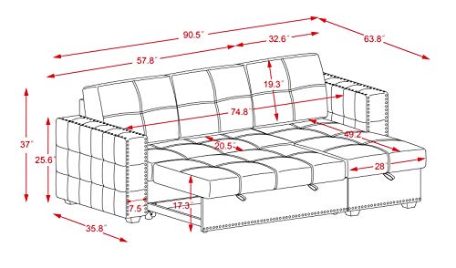 JULYFOX Black Sectional Sofa with Storage Chaise, Mid Century Modern Reversible L-Shaped Sleeper Sectional Sofa Bed Button Tufted Copper Nail Head Trim 90 inch Wide for Living Room Office